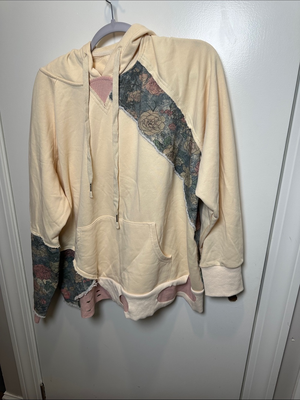 POL Cream Hoodie with Floral Patchwork and Pink Ribbed Accents (53)